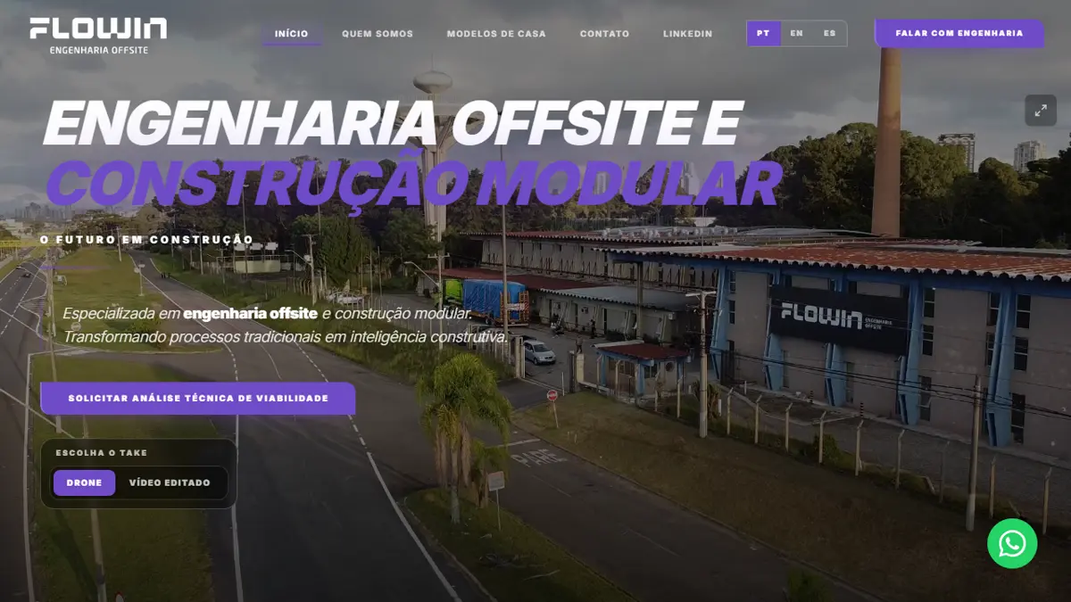Projeto Flowin Engenharia Offsite - Site institucional criado pela SingularidadeTech em Curitiba